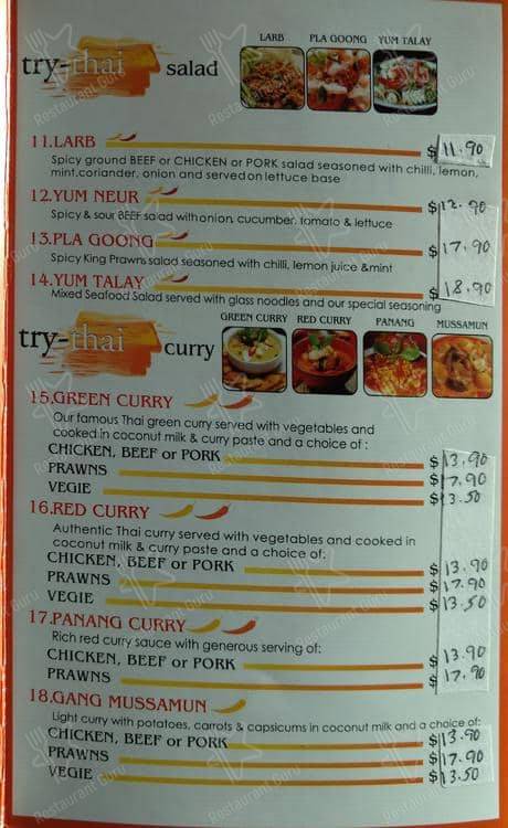 Try-Thai menu
