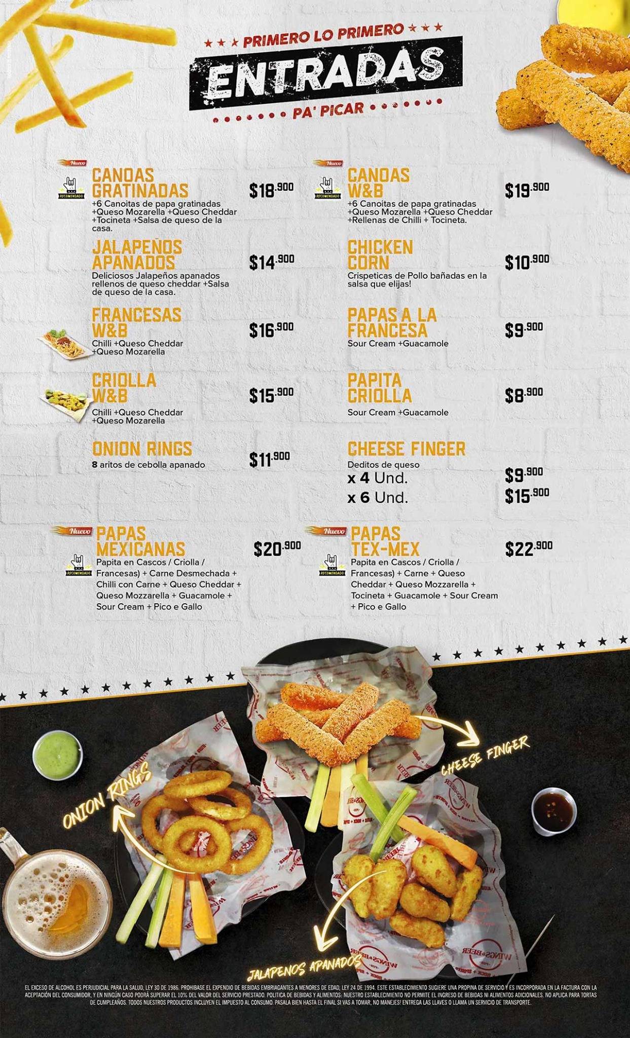 Carta del pub y bar Wings & Beer Valle del Lili Alitas + Rock + Sports