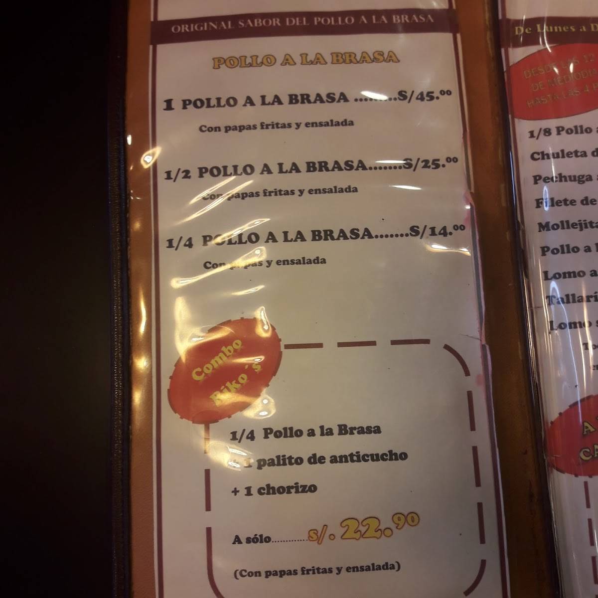 Carta del restaurante Riko's Chicken, Chiclayo