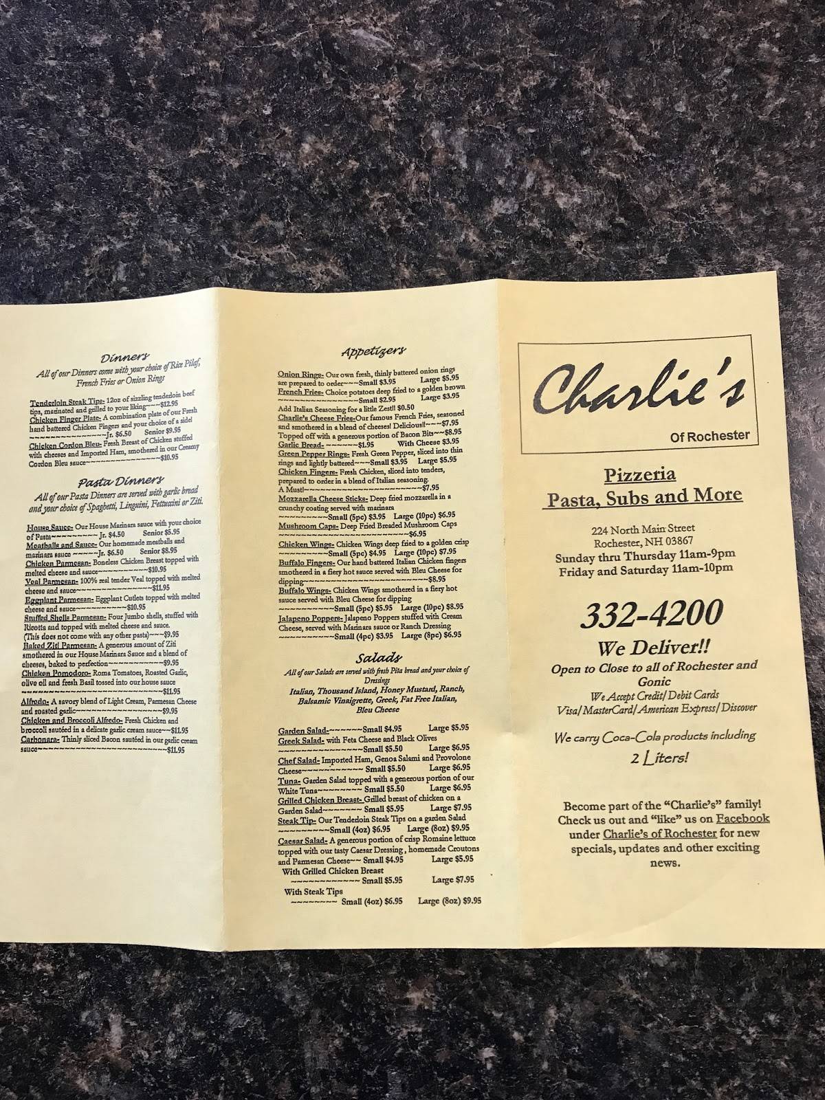 Menu at Charlie's of Rochester pizzeria, Rochester