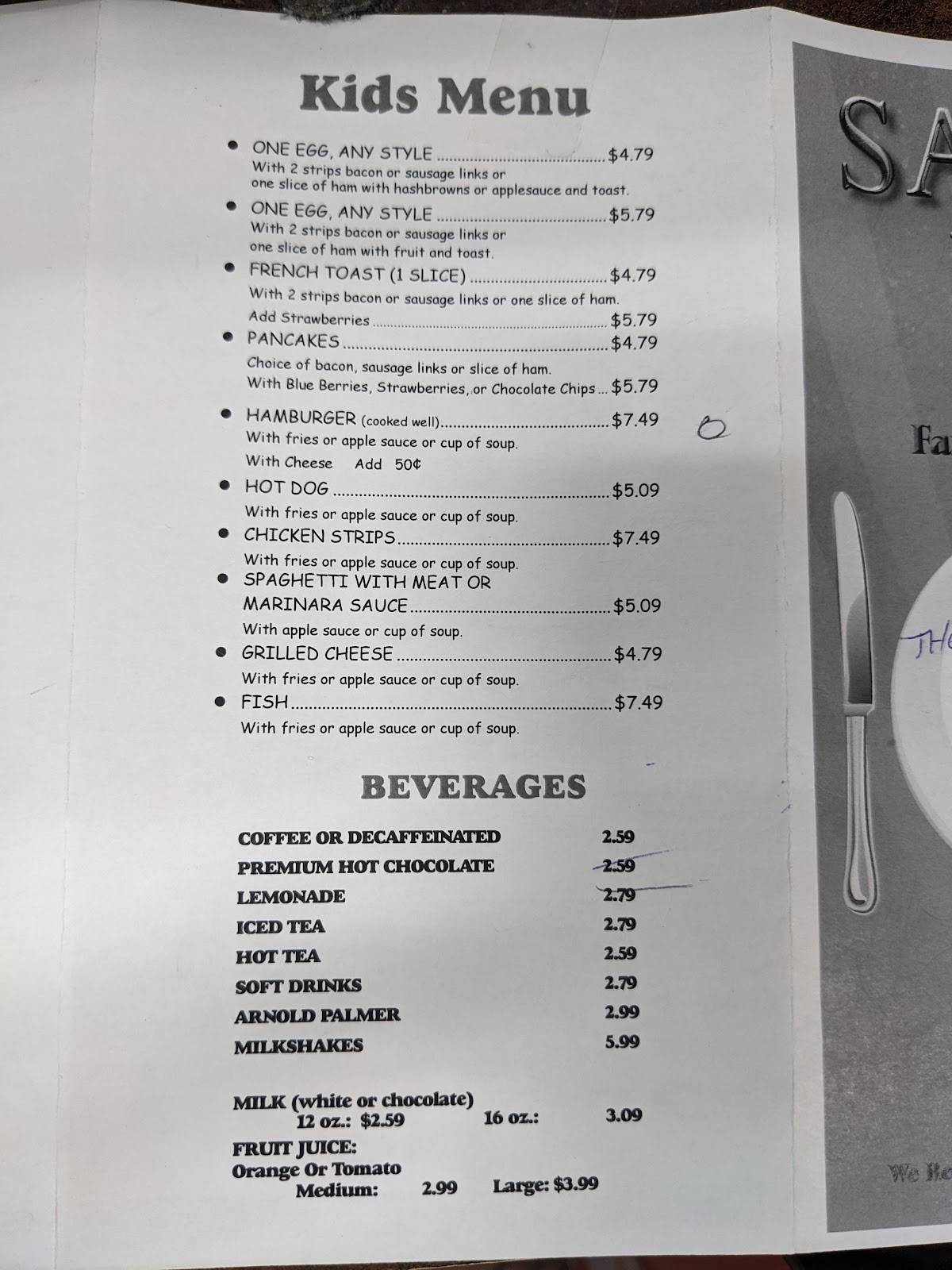 Menu at Saline Inn restaurant, Saline