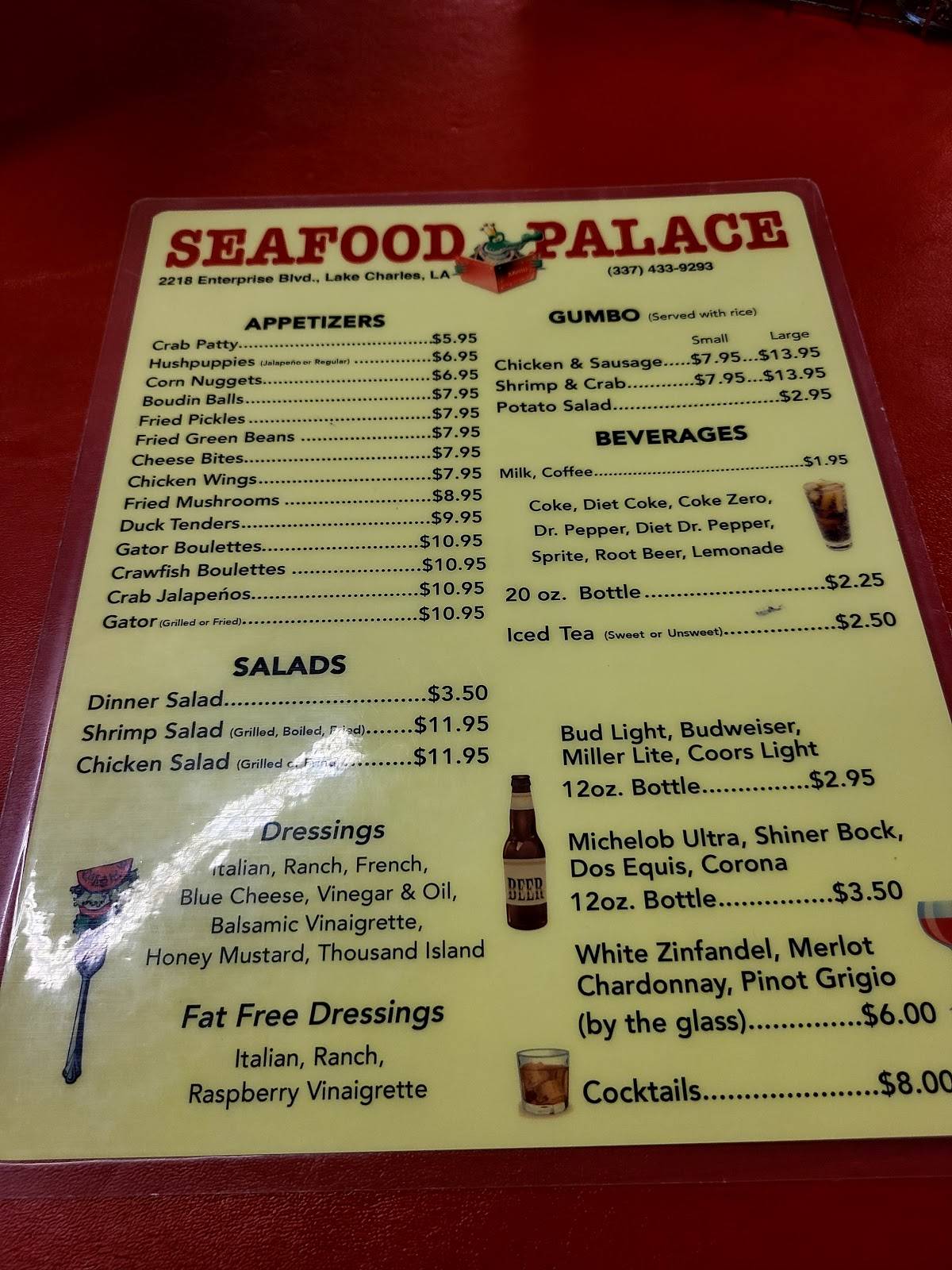 Menu at Seafood Palace restaurant, Lake Charles, Enterprise Blvd