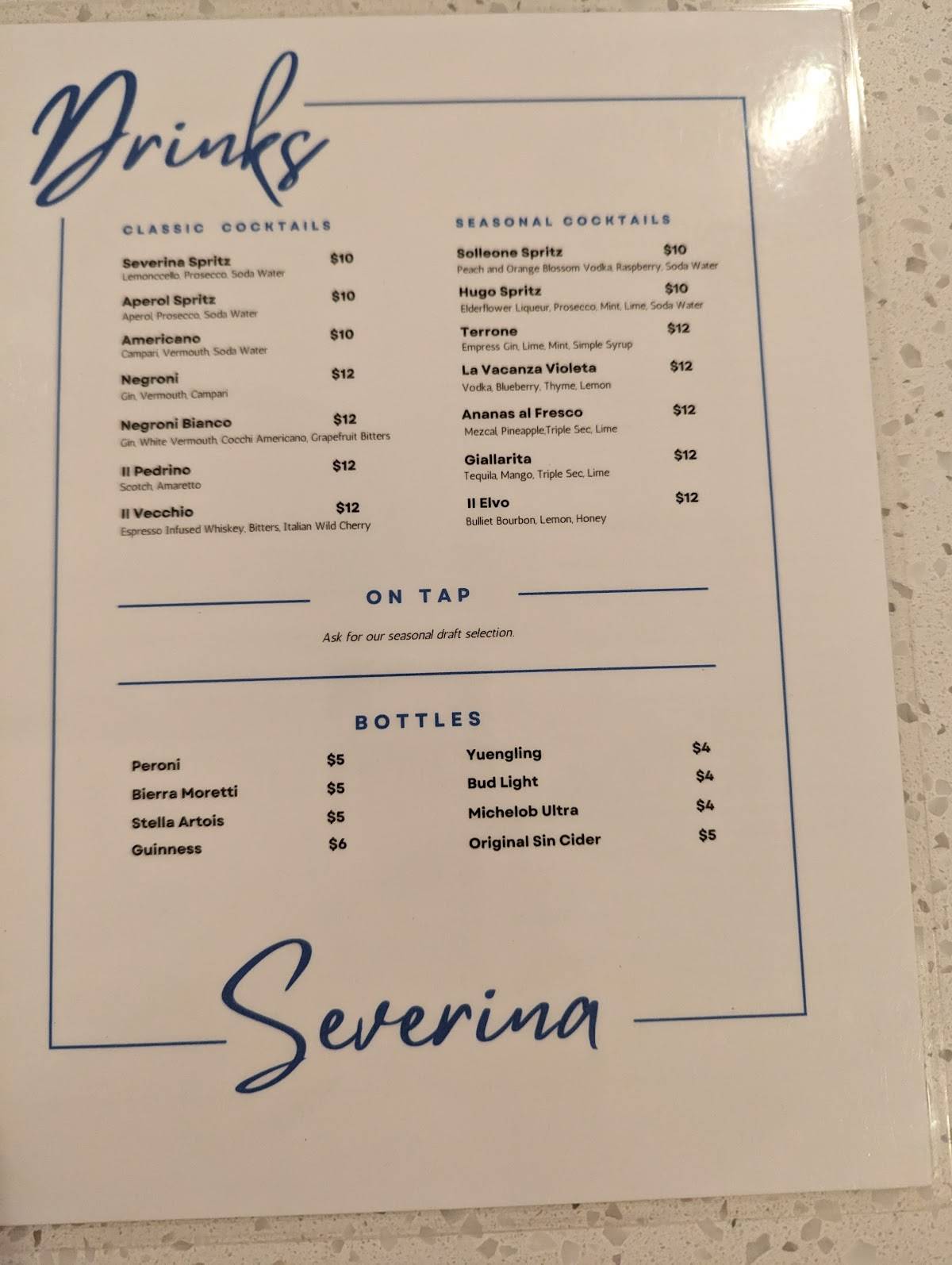 Menu at Severina Restaurant and Bar, Pittsburgh
