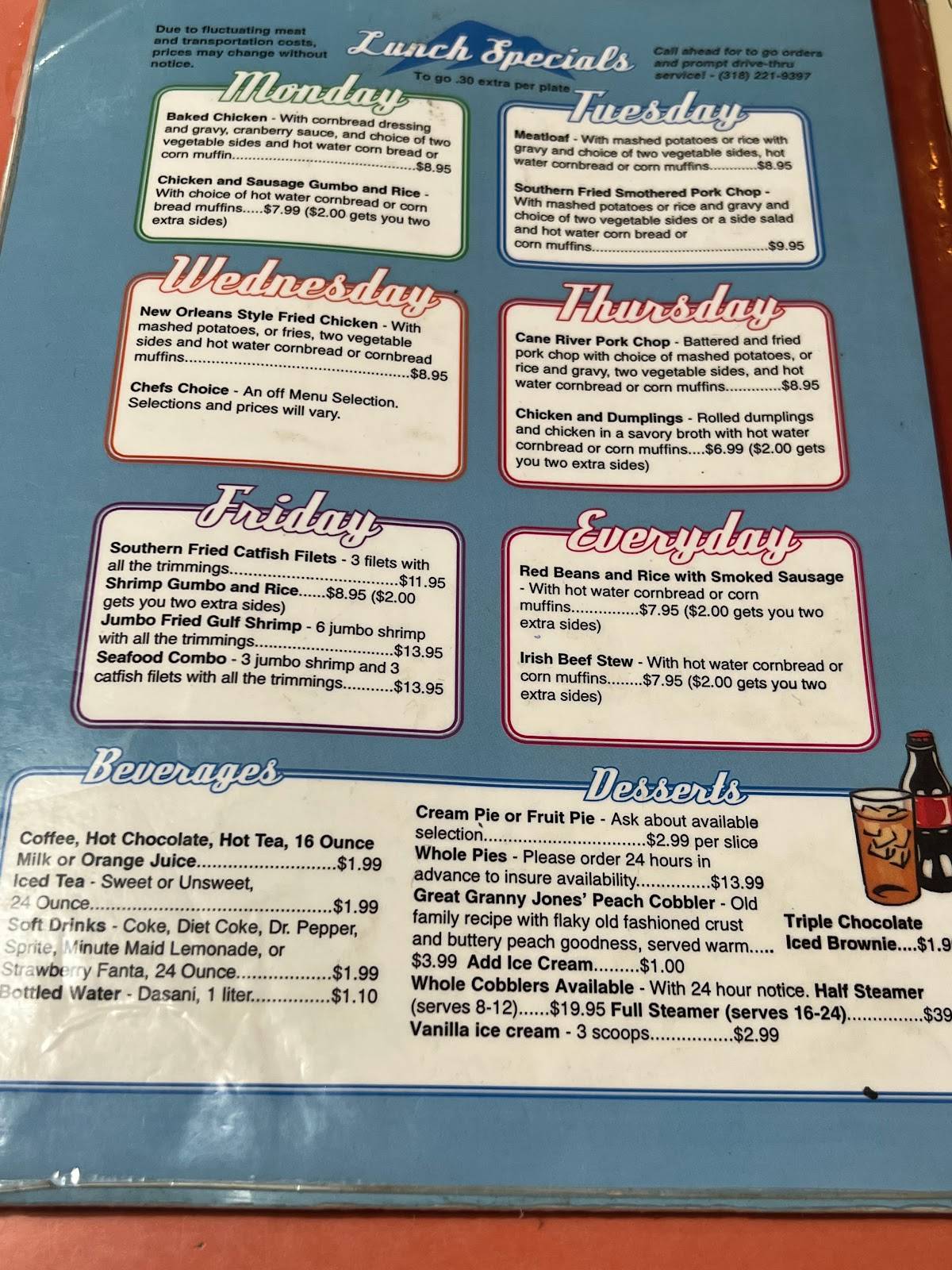 Menu at The Cotton Boll Grill restaurant, Shreveport