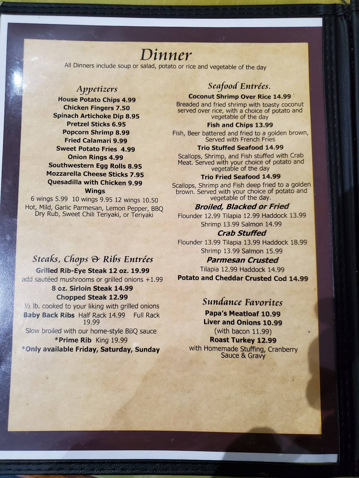 Menu at Sundance Grill restaurant, Hiawassee