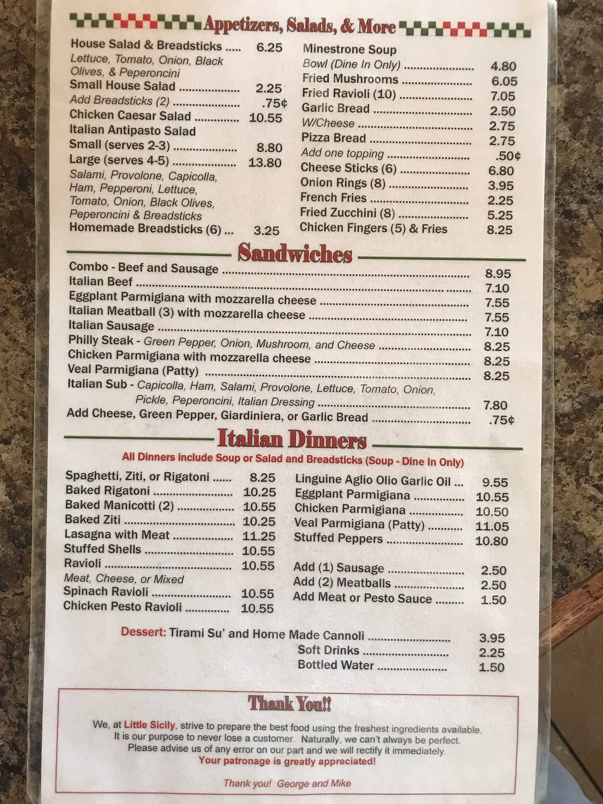 Menu at Little Sicily Pizza pizzeria, Surprise