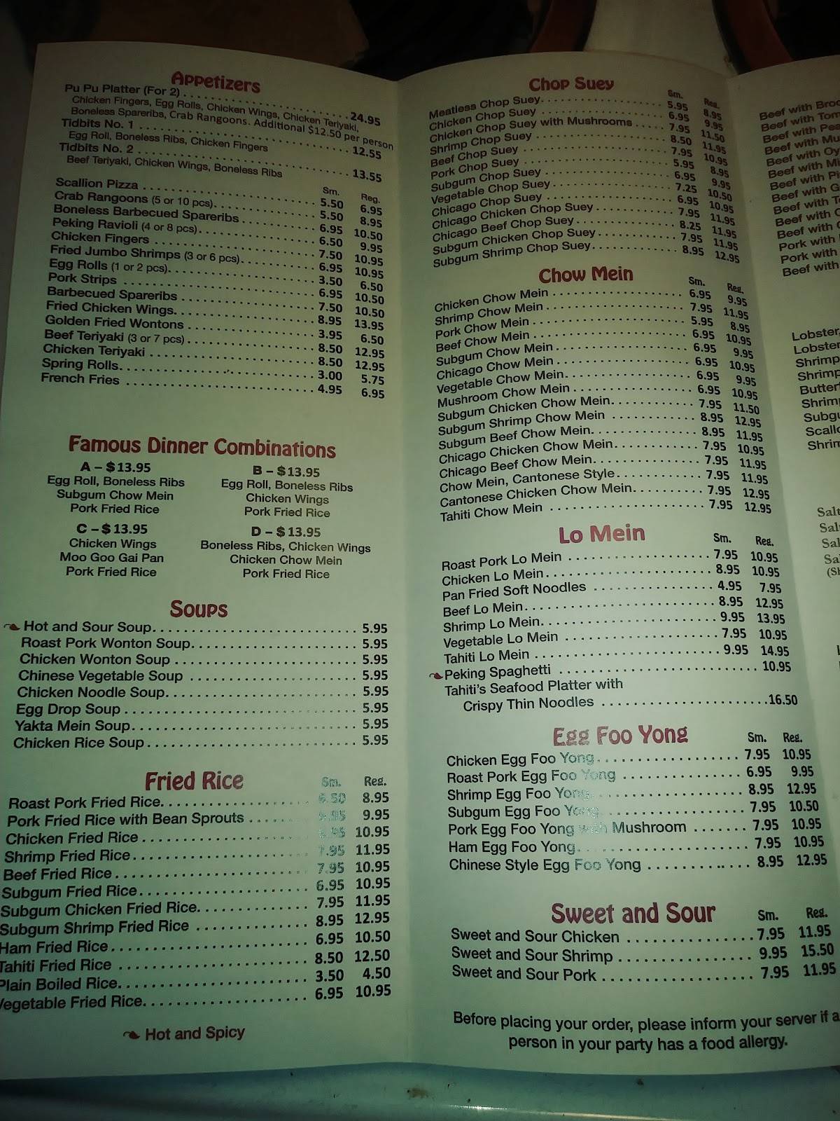 Menu at Tahiti Restaurant and Cocktail Lounge, Dedham