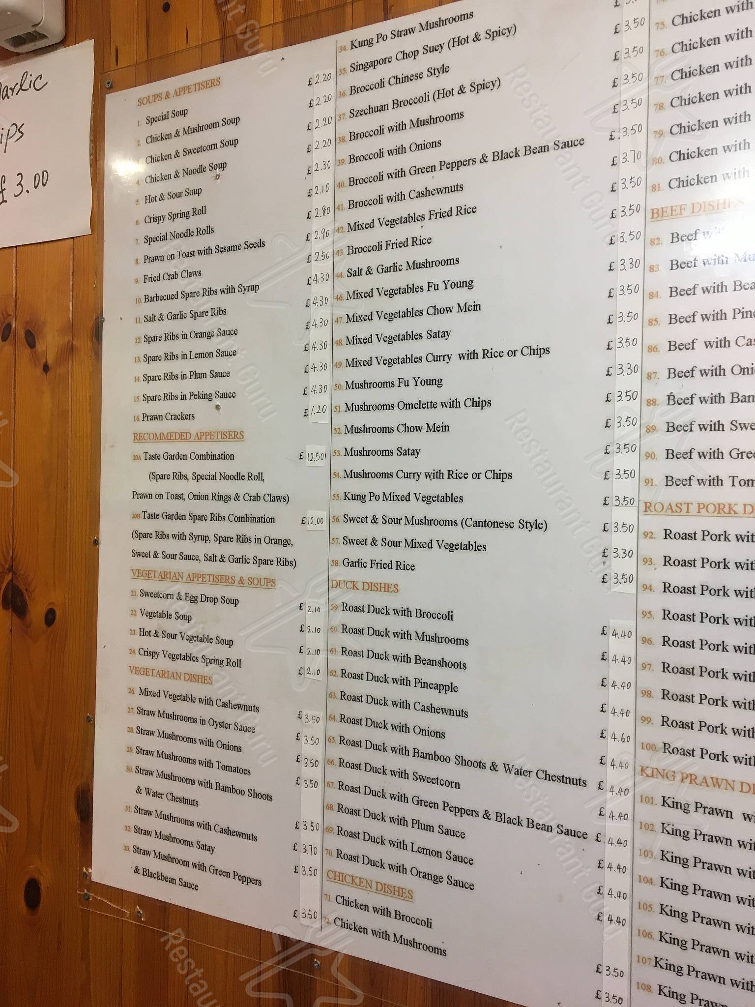 Menu at Taste Garden fast food, Blaenau Ffestiniog
