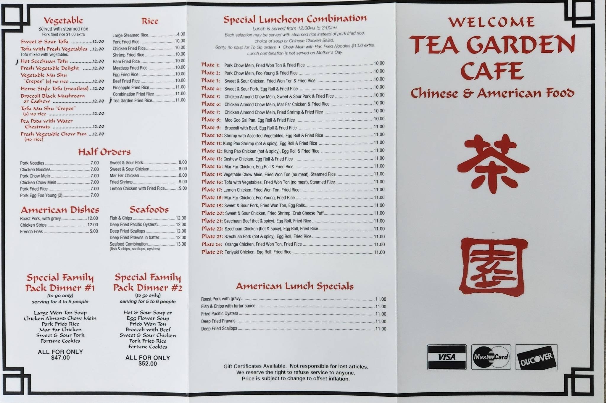 Menu at Tea Garden Cafe, Eureka