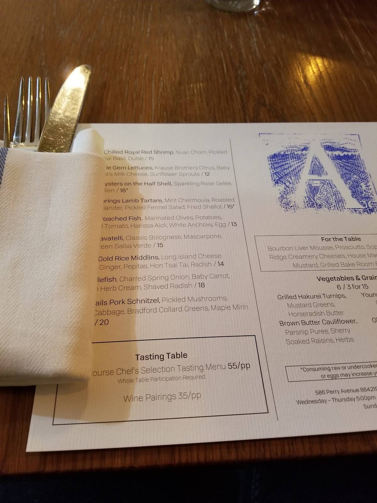 Menu at The Anchorage restaurant, Greenville