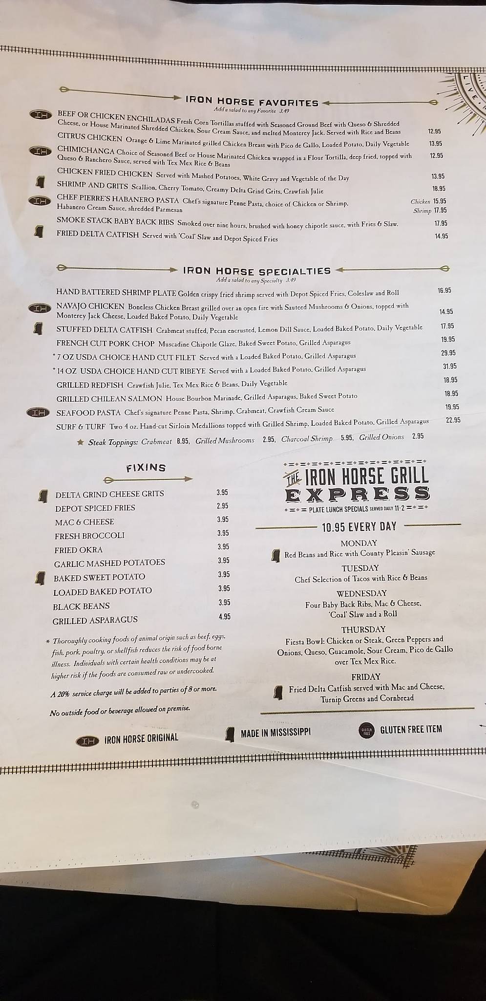 Menu at The Iron Horse Grill restaurant, Jackson