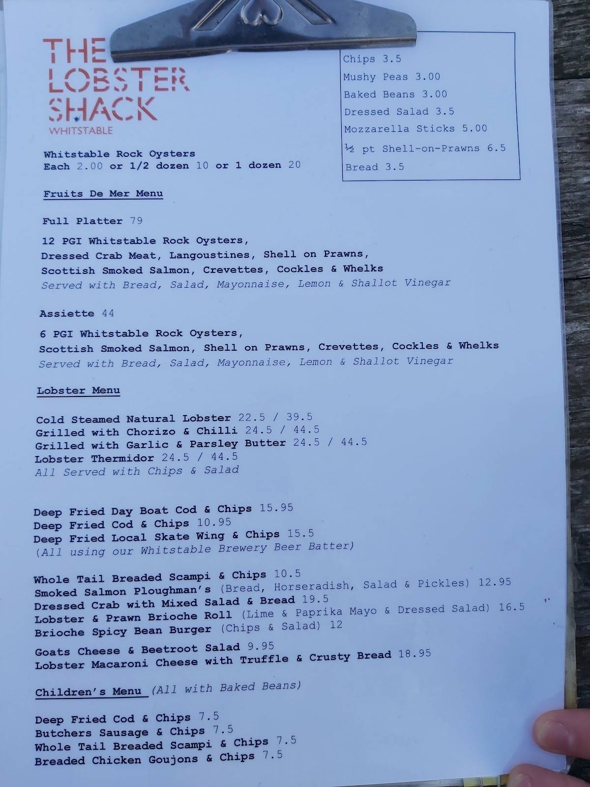 Menu at The Lobster Shack restaurant, Whitstable