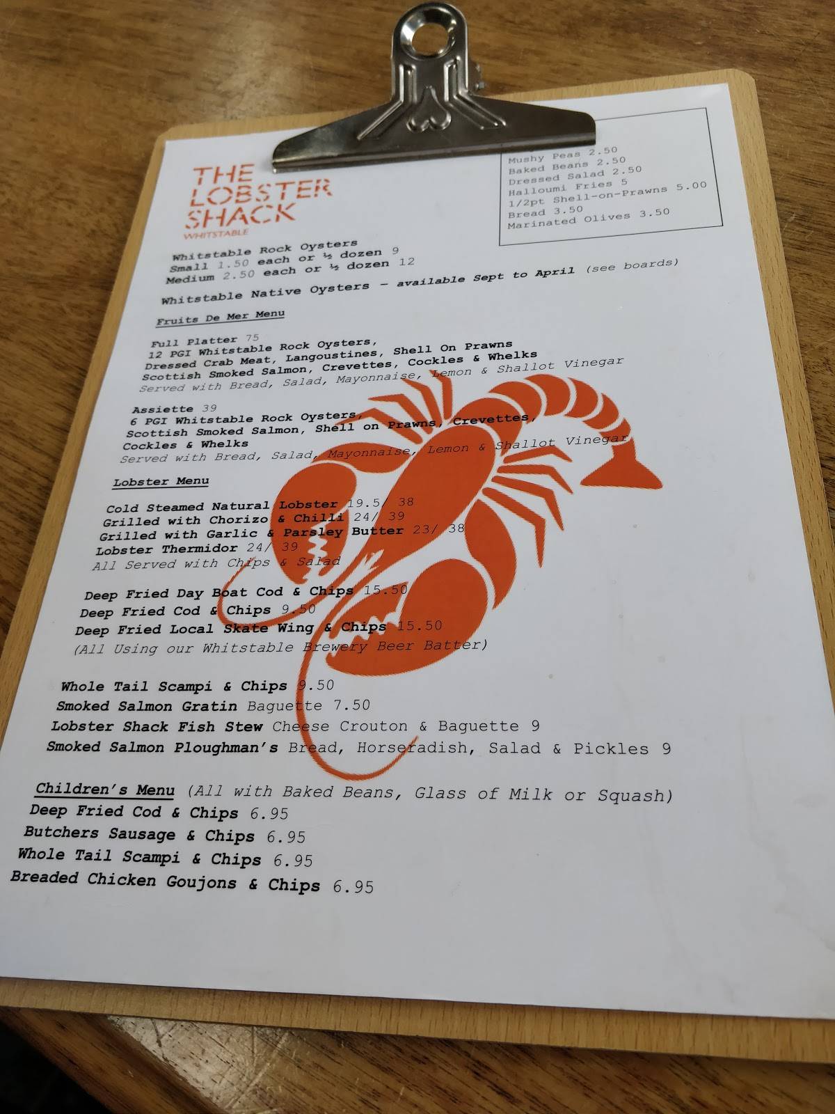 Menu at The Lobster Shack restaurant, Whitstable