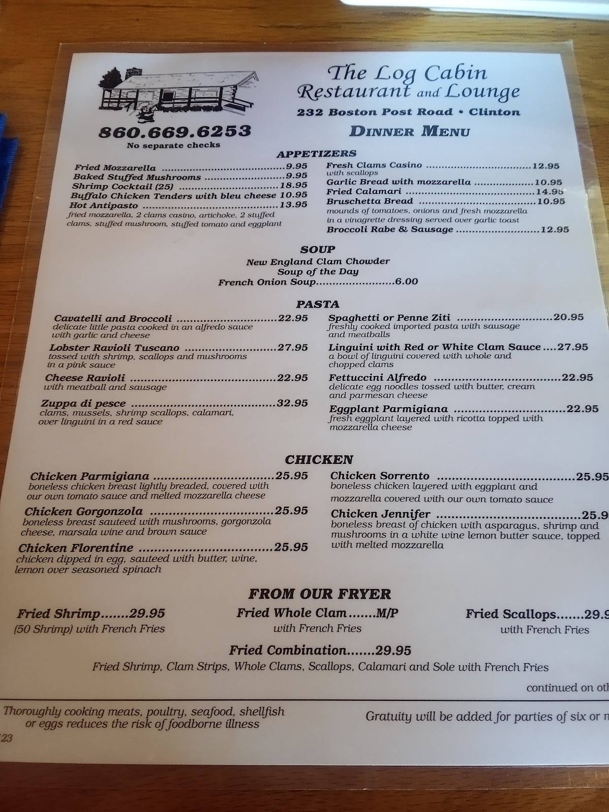 Menu at The Log Cabin Restaurant, Clinton