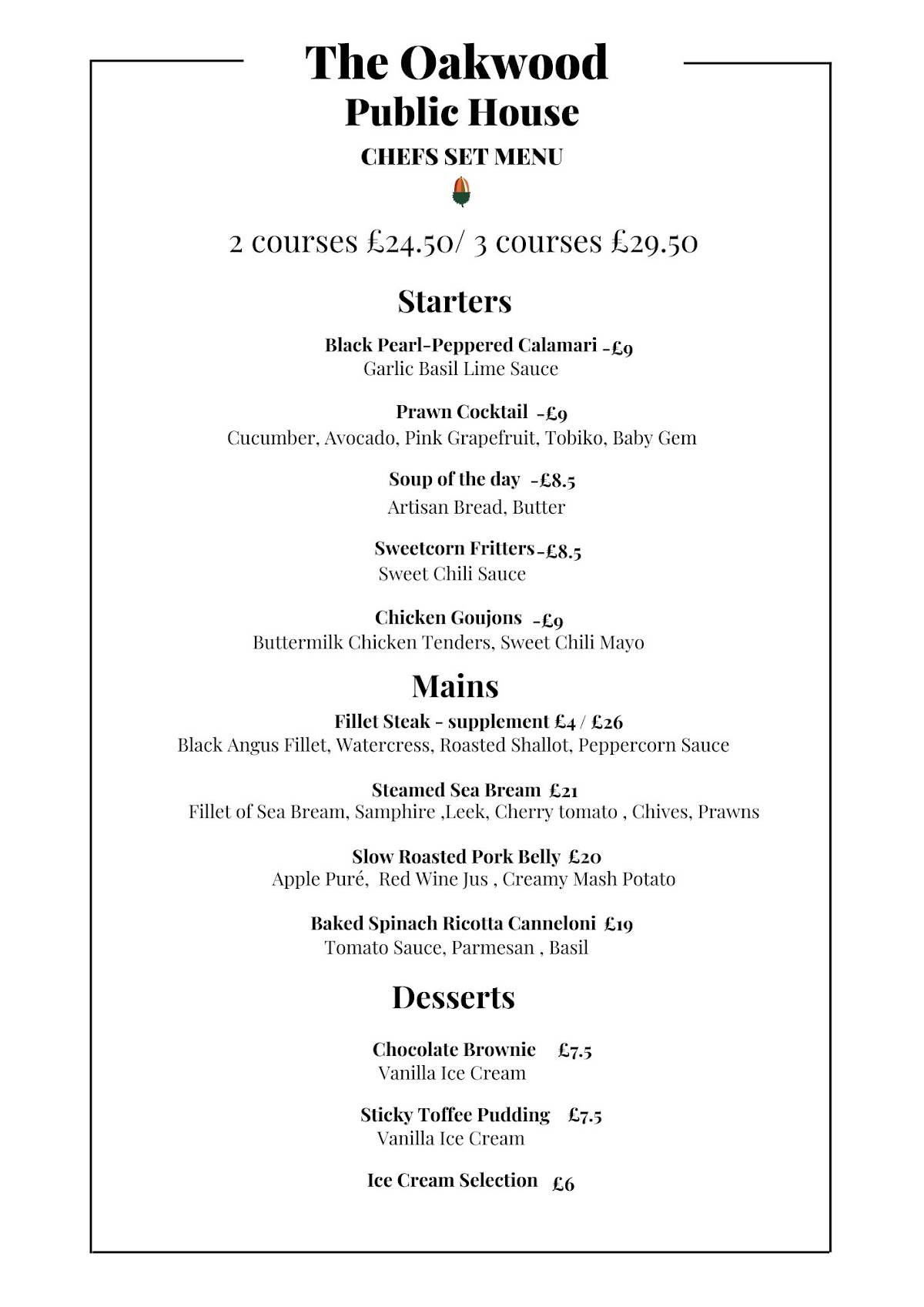 Menu at The Oakwood Public House, Alderley Edge, Brook Ln