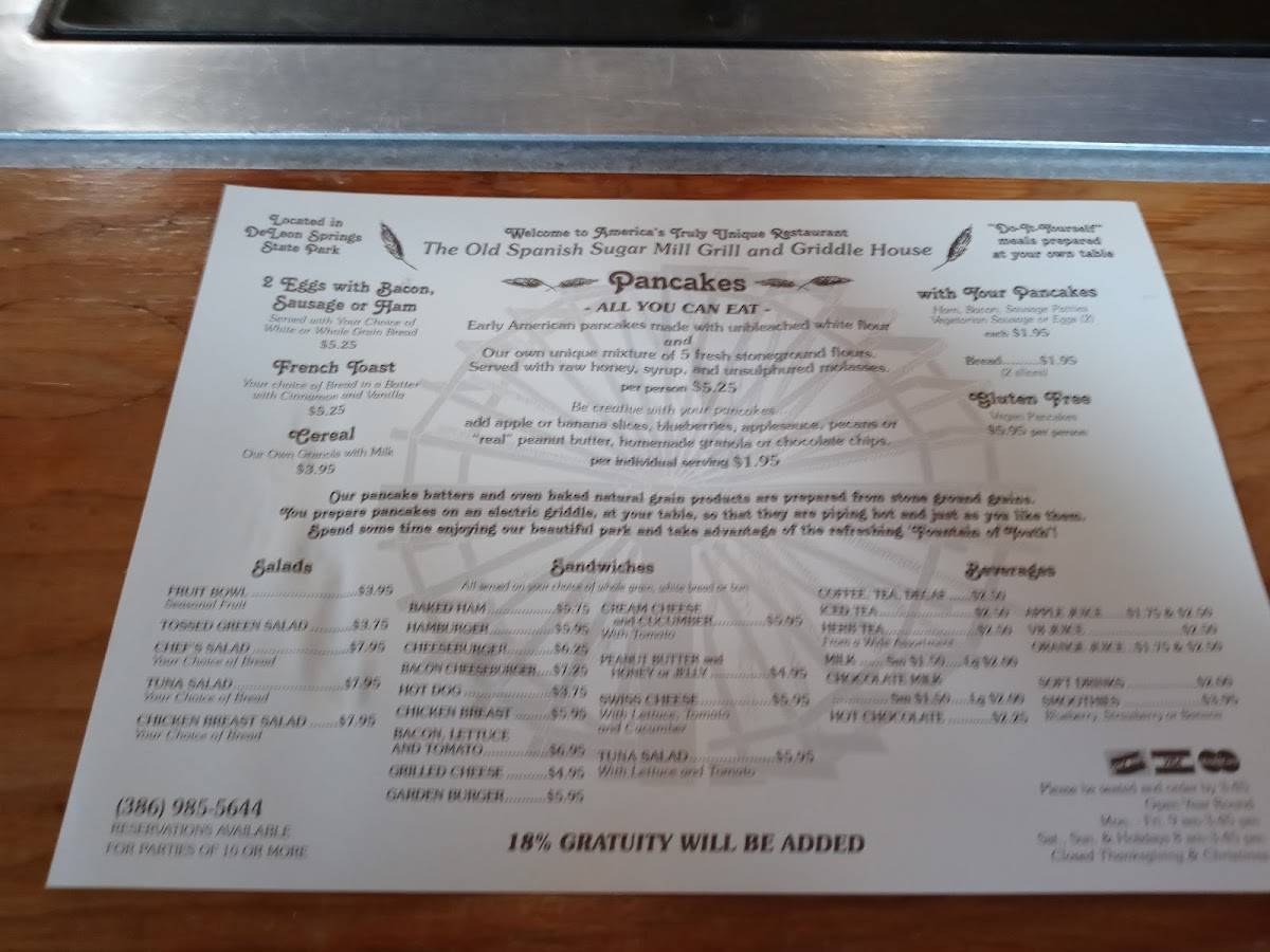 Menu at The Old Spanish Sugar Mill restaurant, De Leon Springs