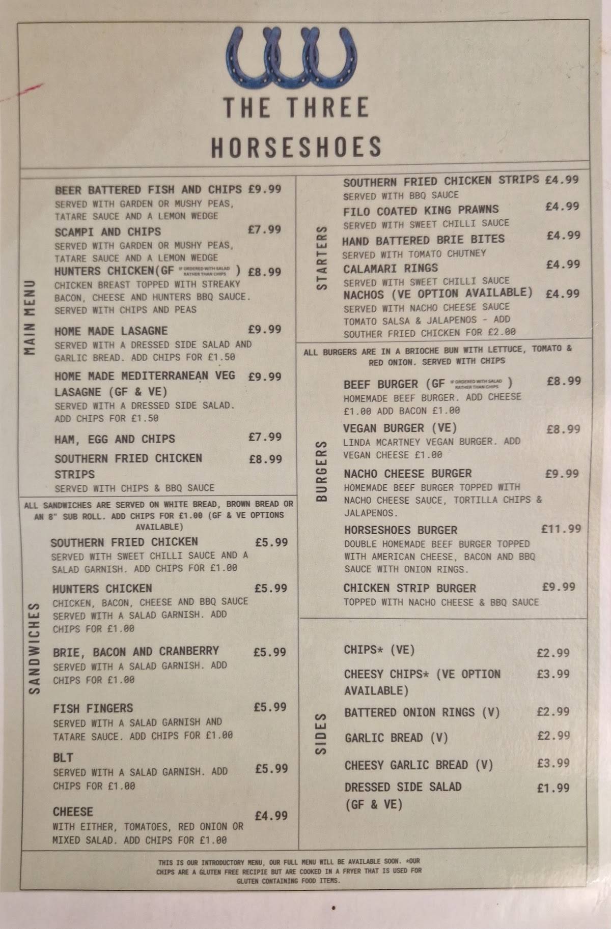 Menu at The Three Horseshoes, Yaxley pub & bar, Peterborough, 179 Main St