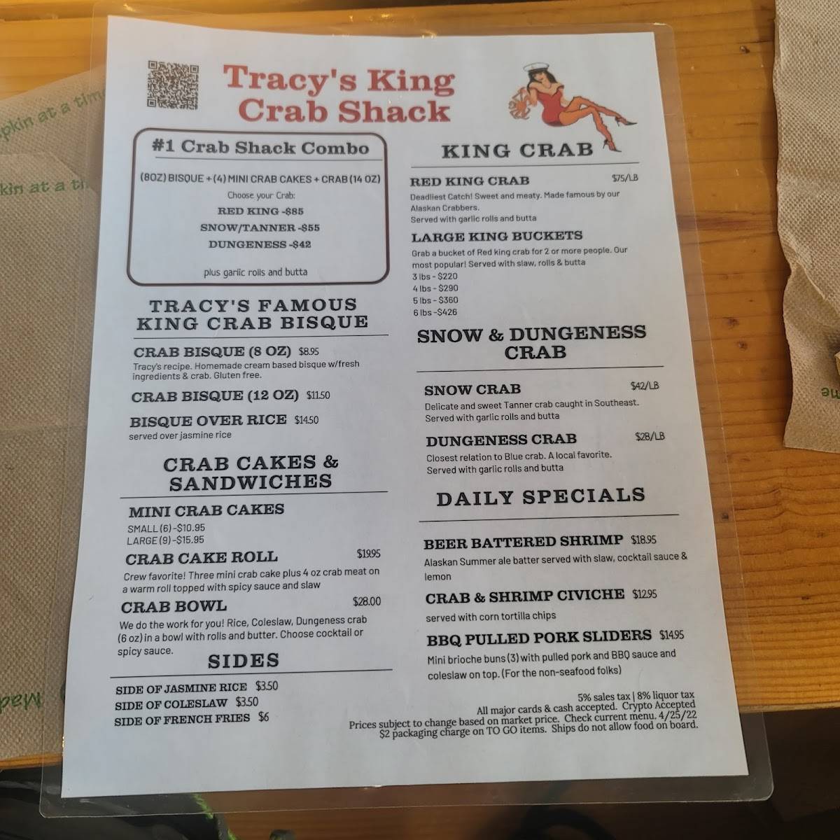 Menu at Tracy’s King Crab Shack restaurant, Juneau, 432 S Franklin St