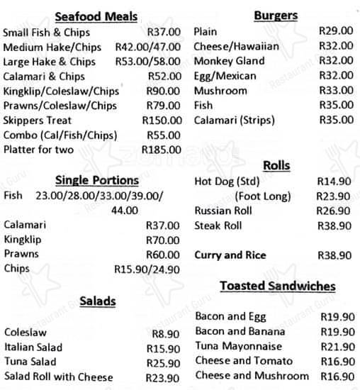 Menu At Trawlers Restaurant Jeffreys Bay