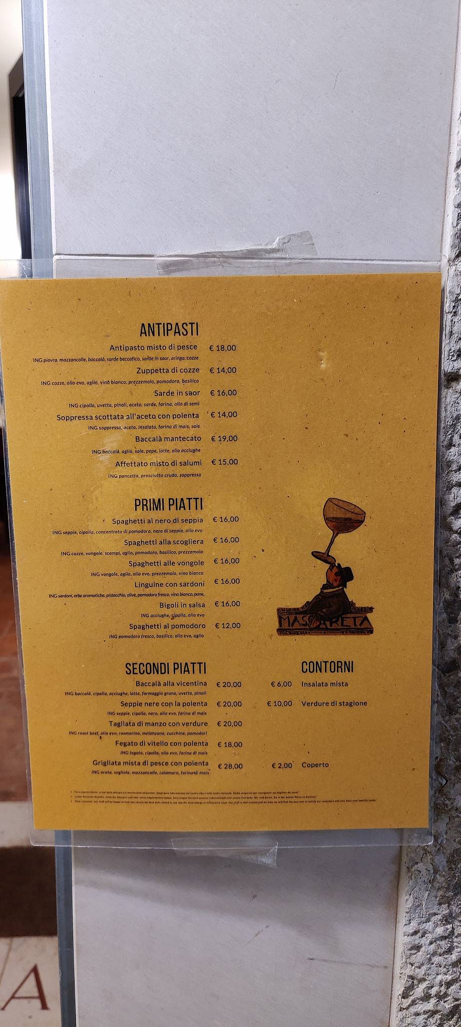 Menu at Al Mascaron restaurant, Venice, Castello