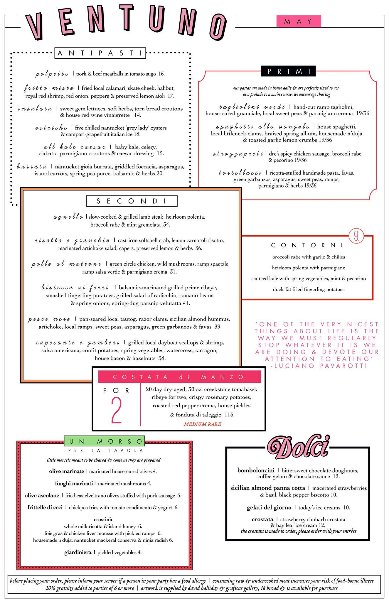 Menu at Ventuno Restaurant, Nantucket