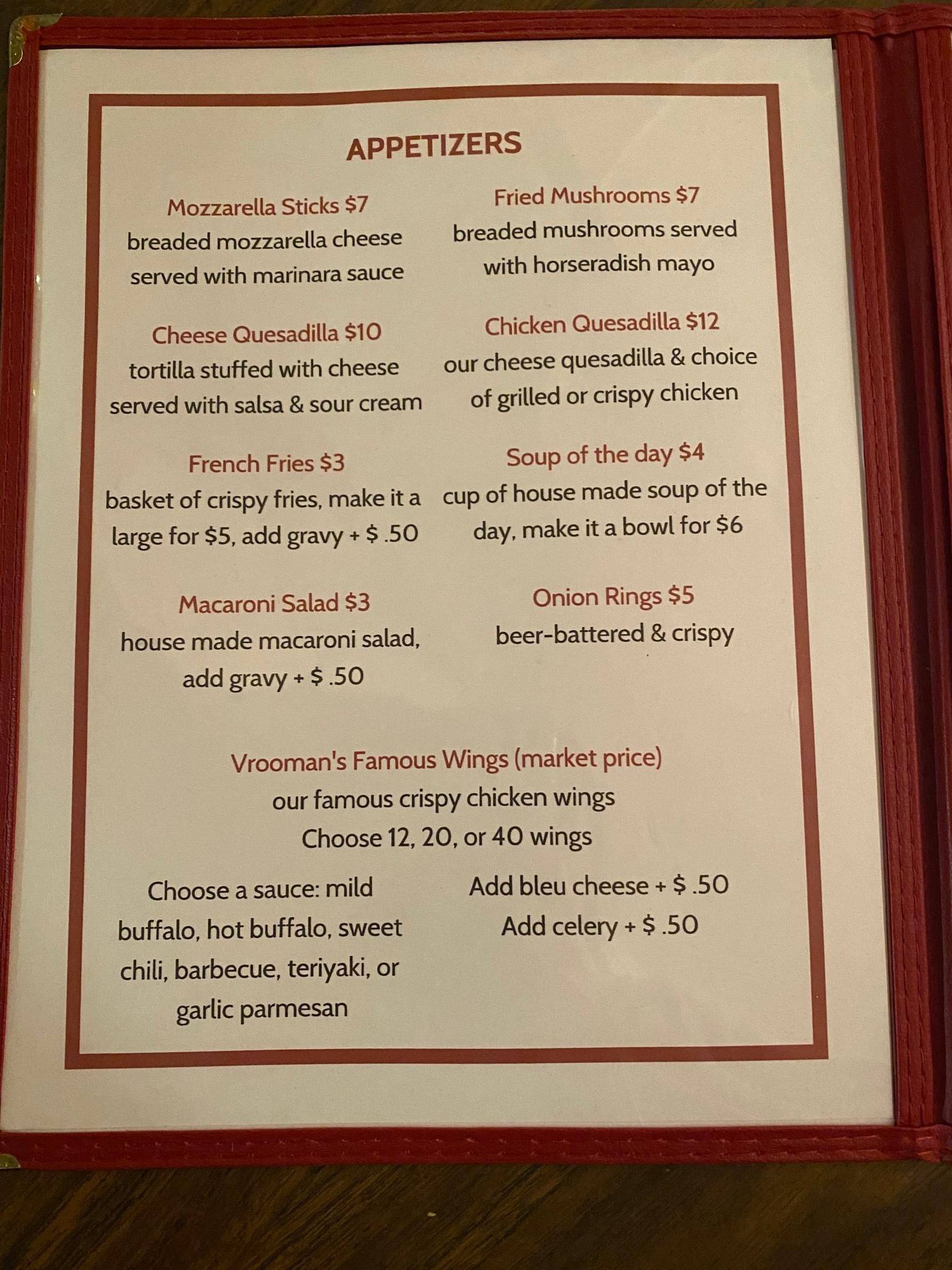 Menu at Vrooman's Hotel Inc restaurant, Caroga Lake