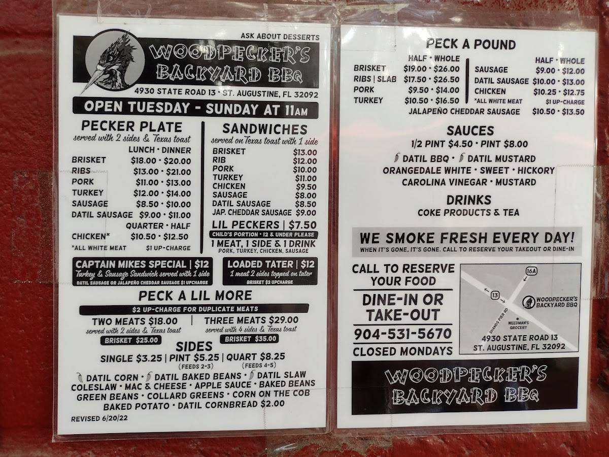 Menu at Woodpeckers Backyard BBQ, Jacksonville