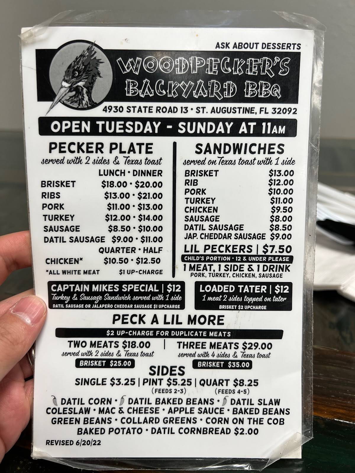 Menu at Woodpeckers Backyard BBQ, Jacksonville