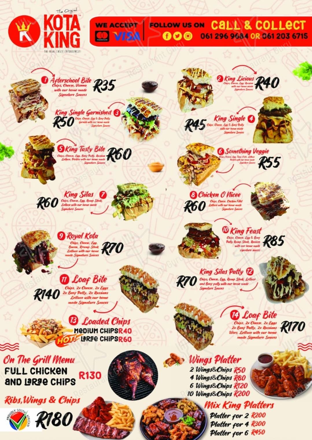Menu at kota king restaurant, Soweto, Protea Blvd