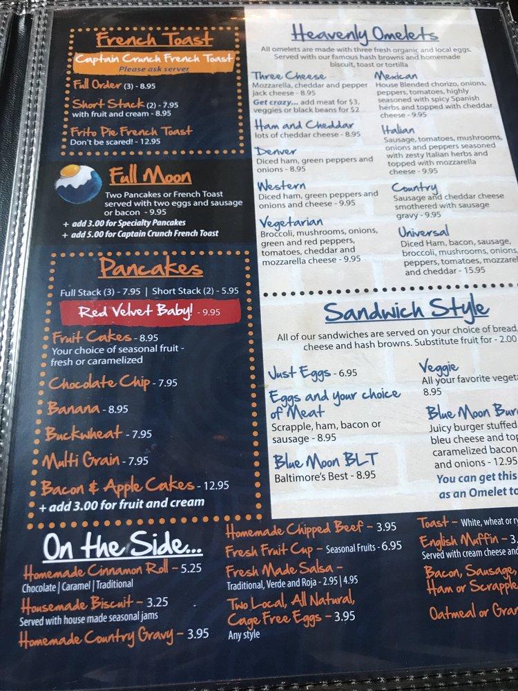 Menu at Blue Moon Too cafe, Baltimore