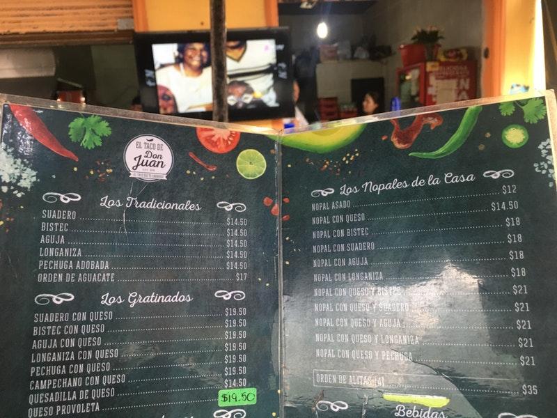 Menu at El taco de Don Juan restaurant, Ciudad López Mateos, Eje