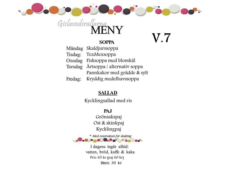 Menu at Gislavedsrallarna restaurant, Gislaved