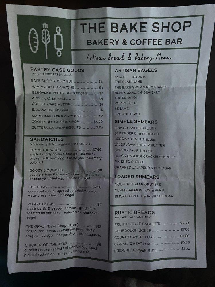Menu at The Bake Shop restaurant, Williamsburg