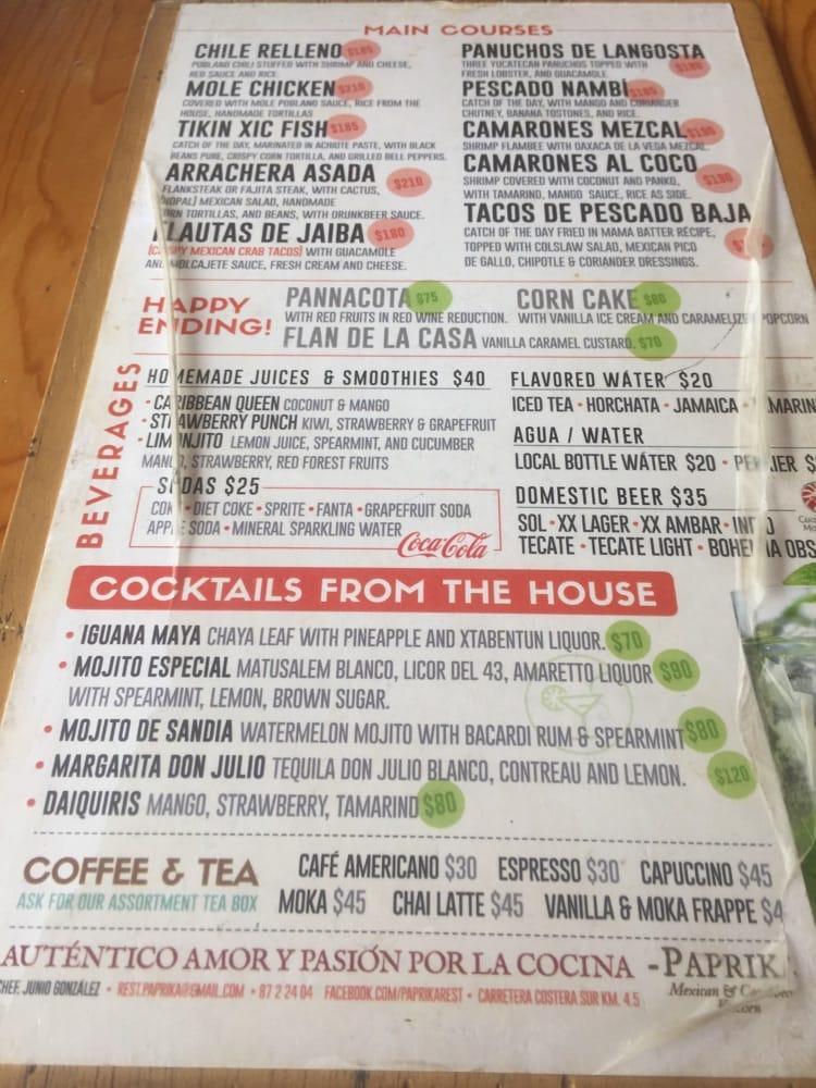 Menu at Paprika Mexican & Caribbean kitchen restaurant, San Miguel de
