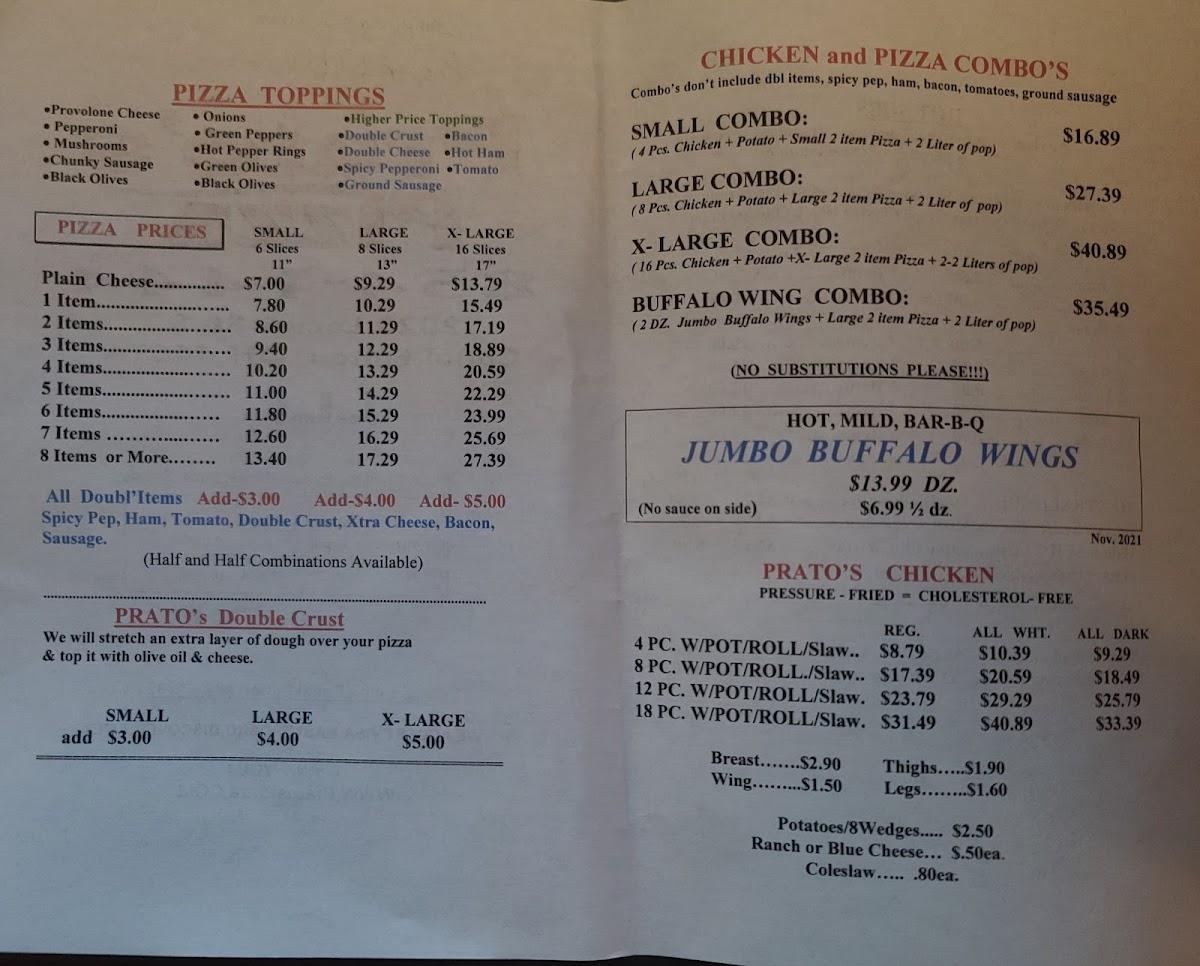 Menu at Prato's Pizza pizzeria, Canal Fulton