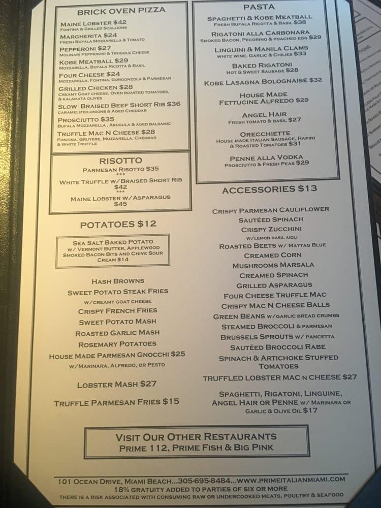 Menu at Prime Italian steakhouse, Miami Beach