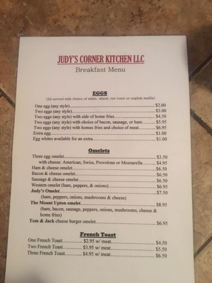 Menu at Judy's Corner Kitchen Restaurant, Mount Upton
