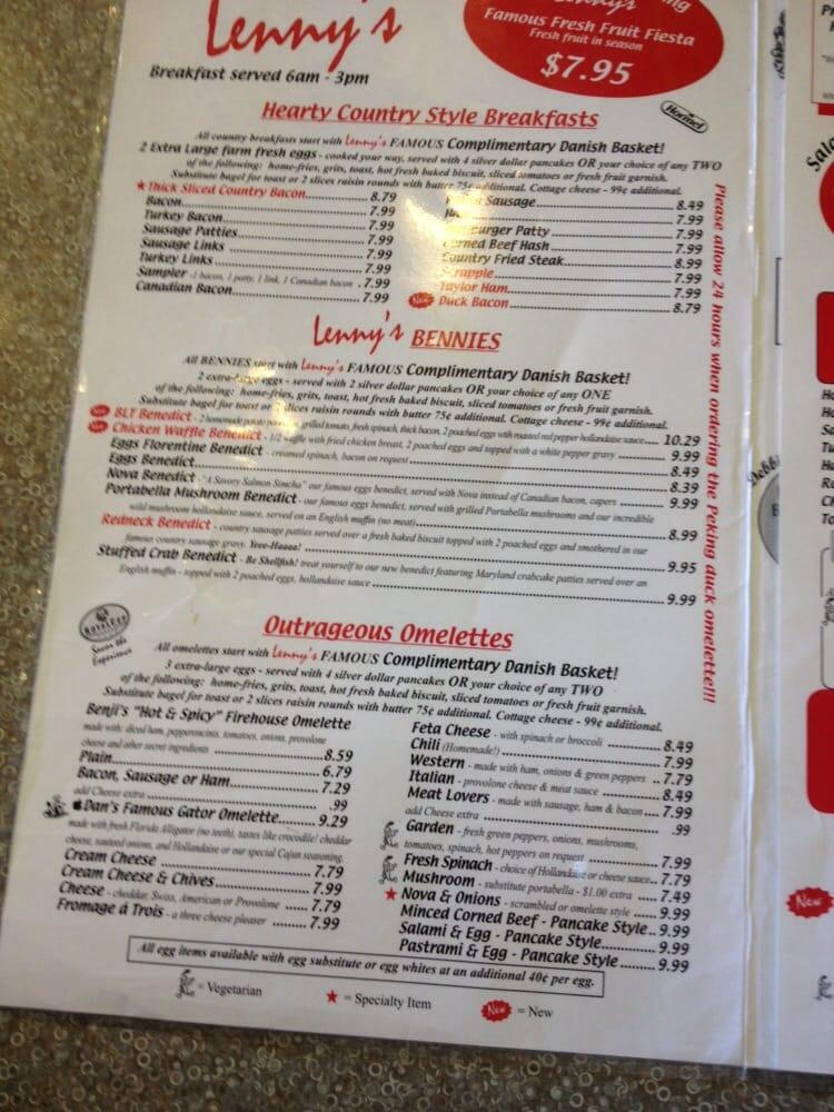 Menu at Lenny’s Restaurant, Clearwater