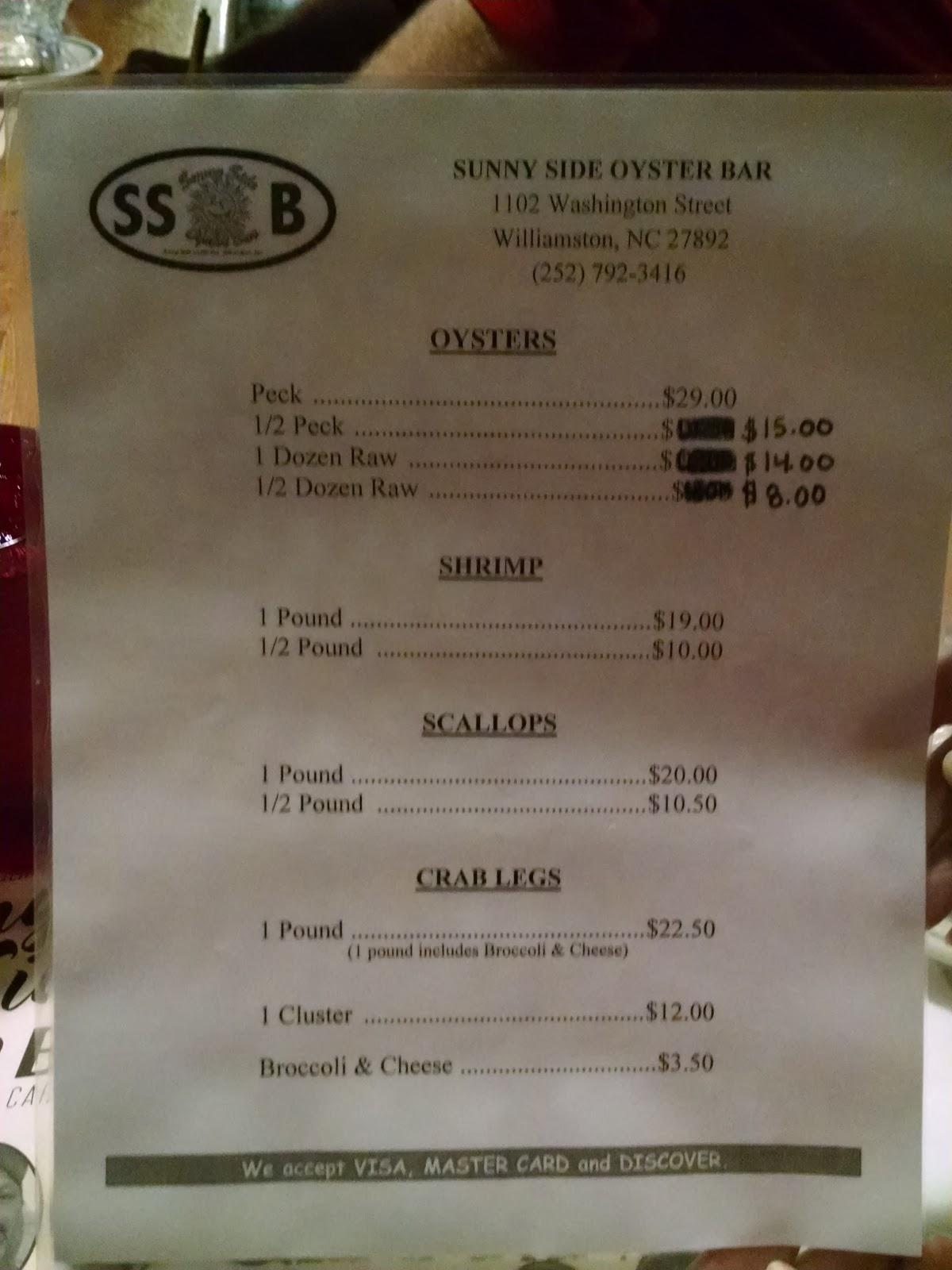 Menu at Sunny Side Oyster Bar, Williamston