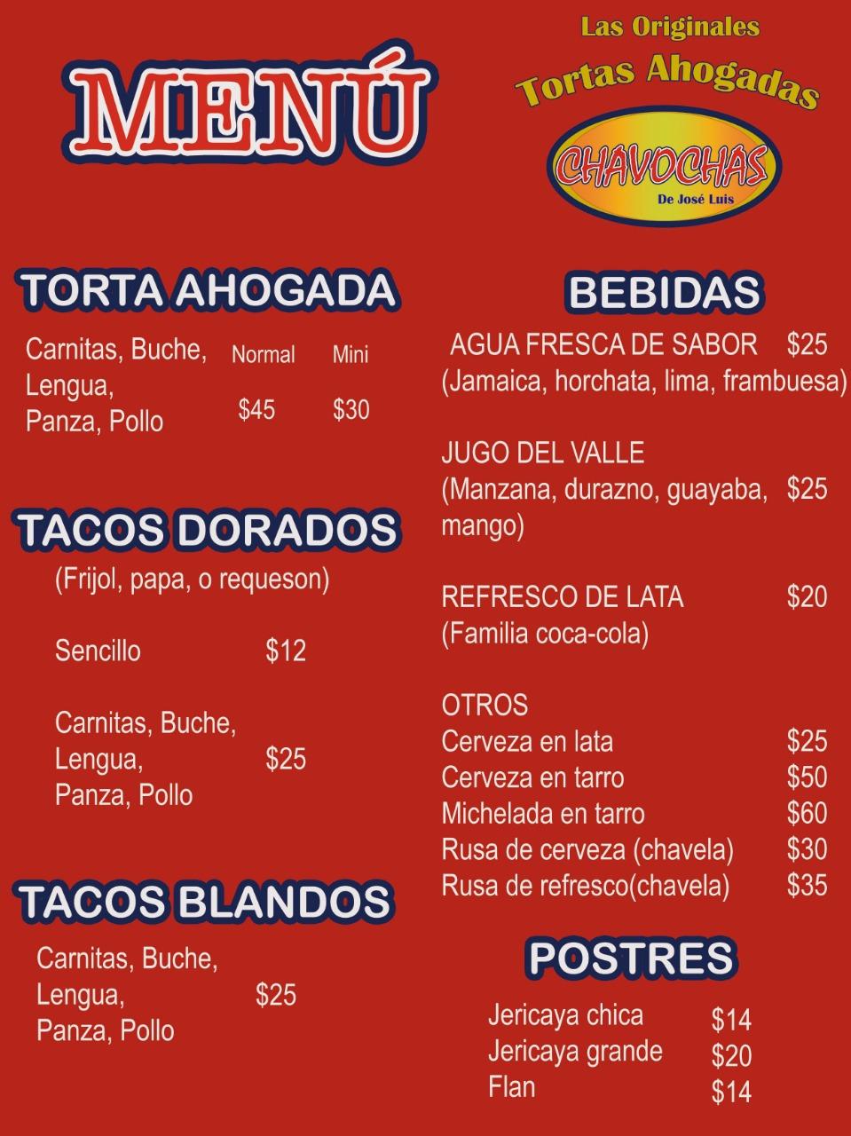 Menu at Tortas Ahogadas "Las Chavochas" restaurant, Zapopan