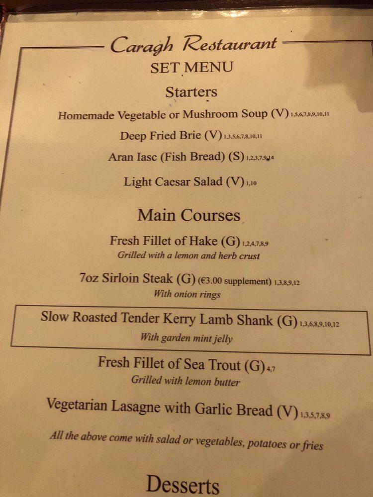 Menu at Caragh Restaurant & Lounge Bar, Killarney