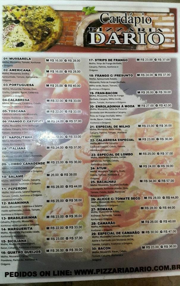 Menu at Dário Pizzas pizzeria, Piracicaba, Rua Ephigênia Miotto Cesta