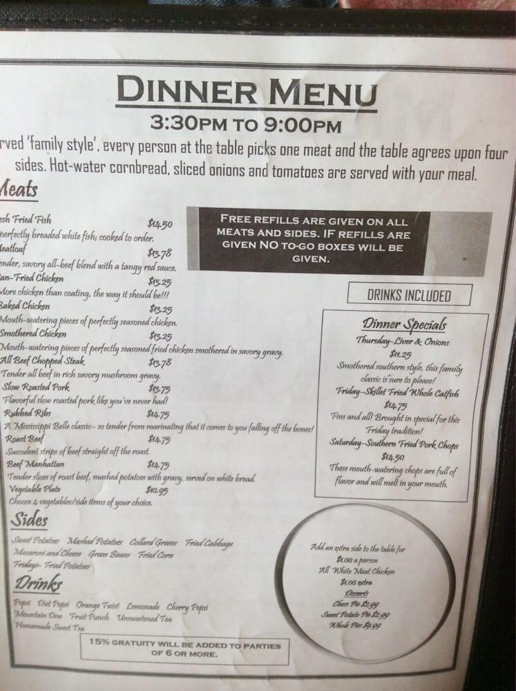 Menu at Mississippi Belle restaurant, Indianapolis