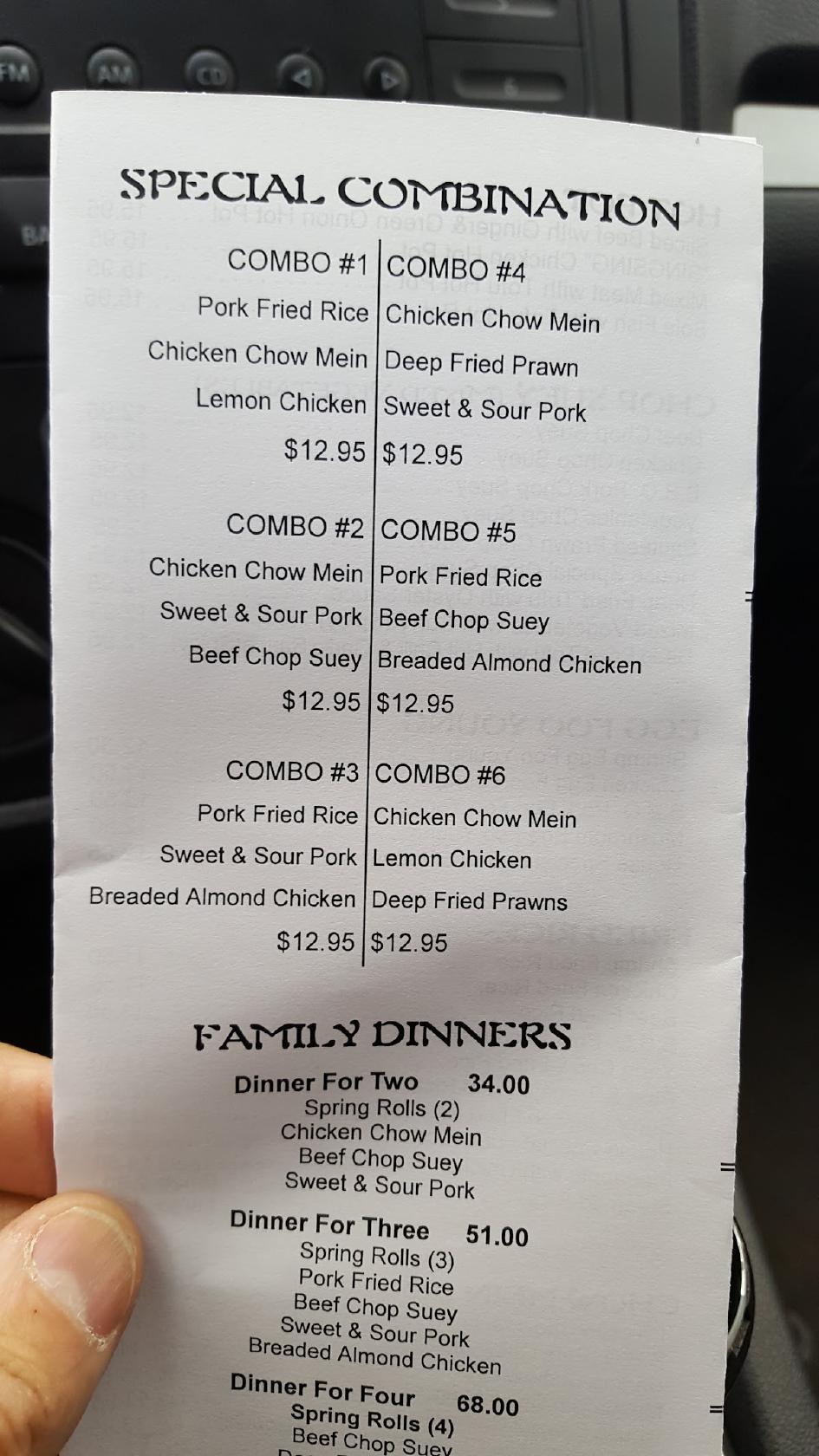 Menu at Wings Cafe, Chemainus