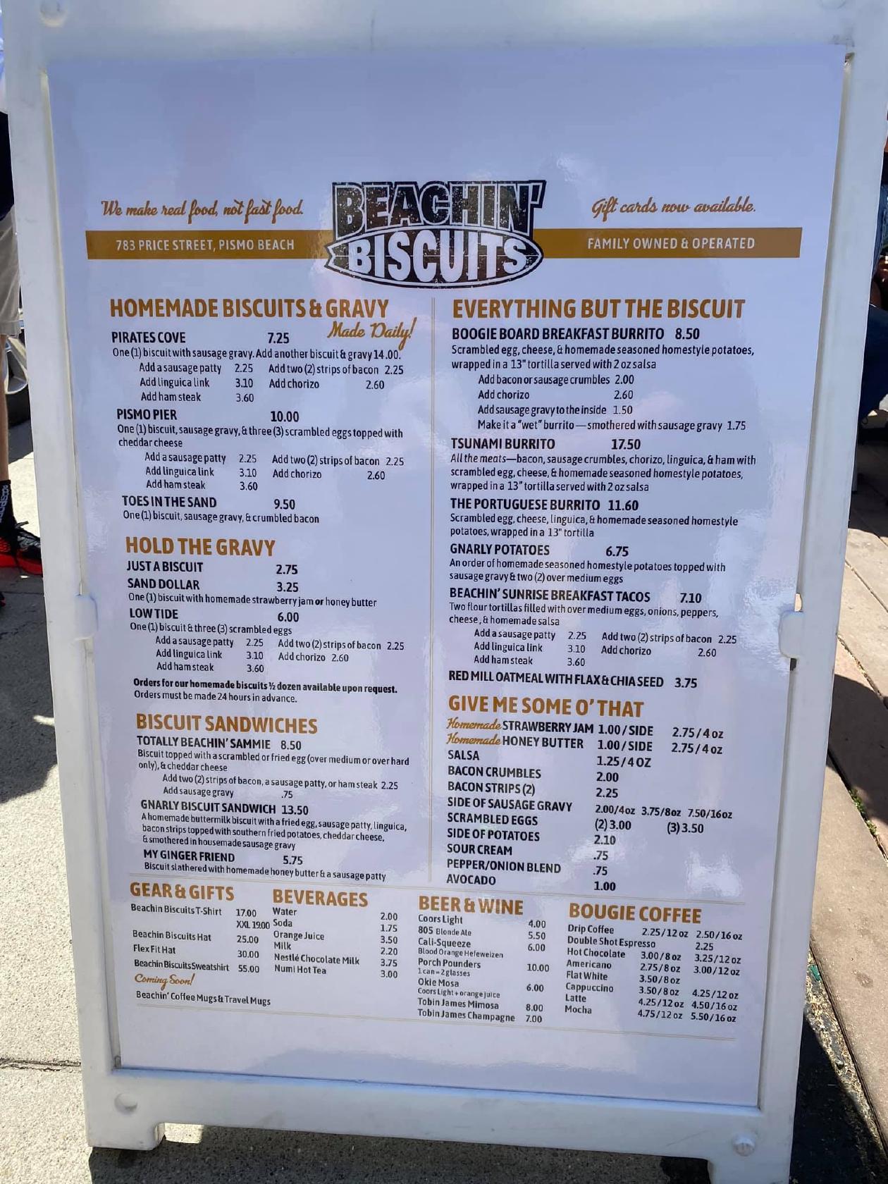 Carta del restaurante Beachin’ Biscuits, Pismo Beach