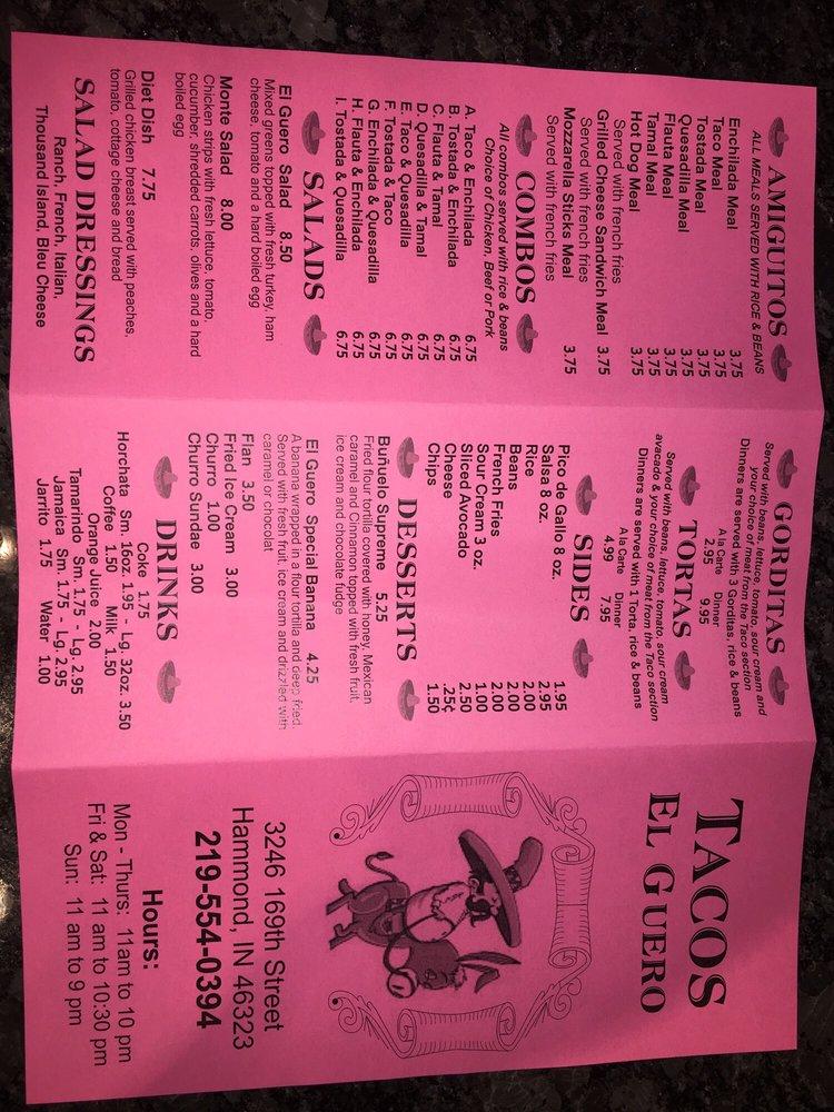 Menu at Tacos El Güero restaurant, Hammond