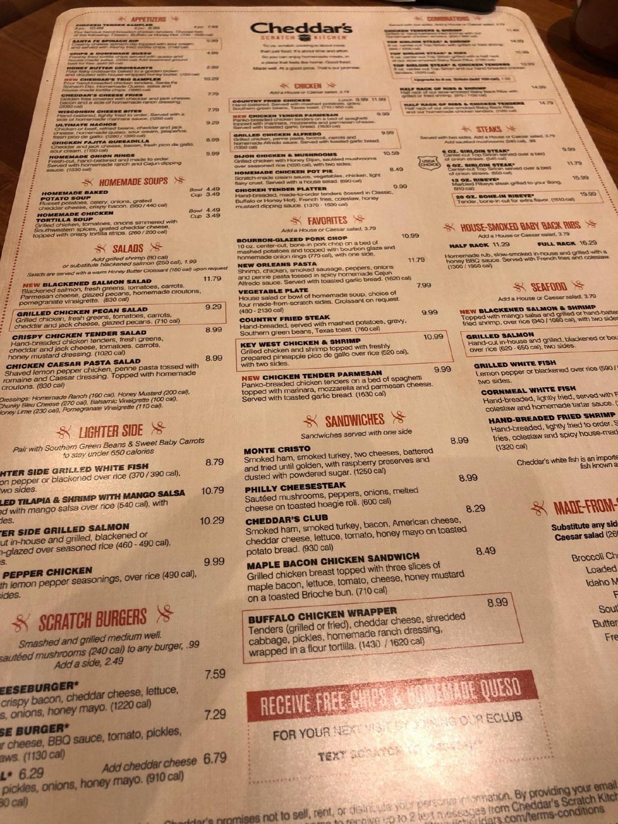 Menu at Cheddar's Scratch Kitchen restaurant, Laredo