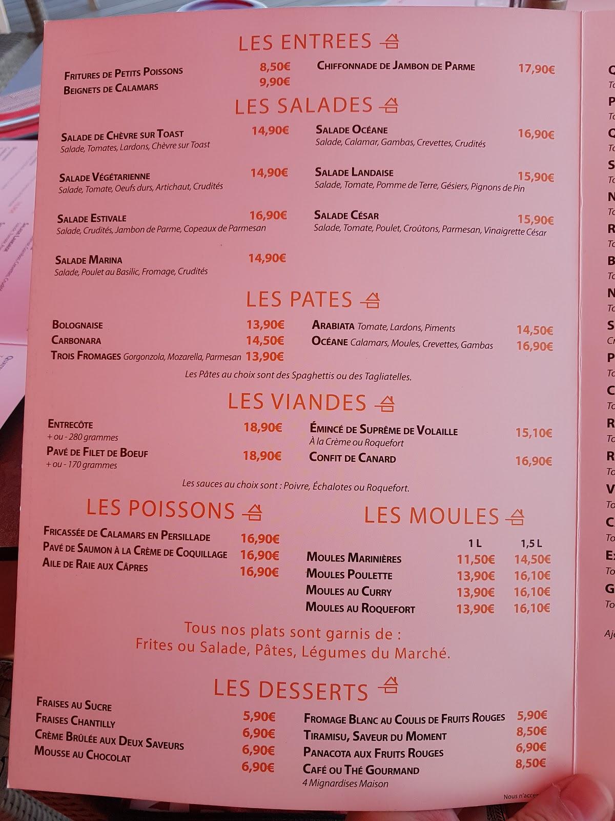 Menu at La Marina restaurant, Royan