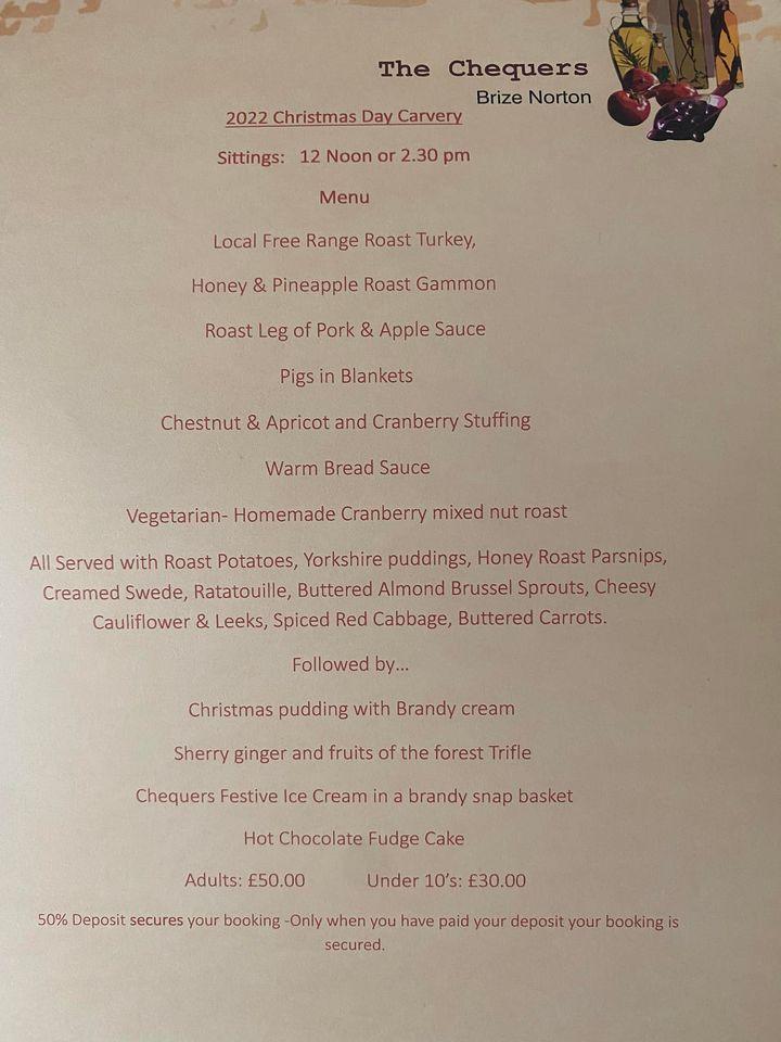 Menu at The Chequers restaurant, Carterton