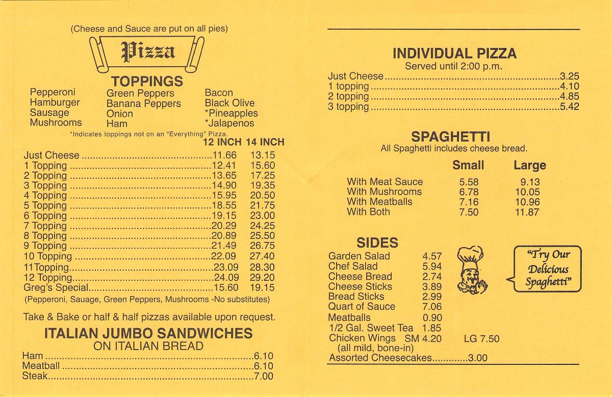 Menu at Greg's Pizza pizzeria, Elizabethton, 776 W Elk Ave